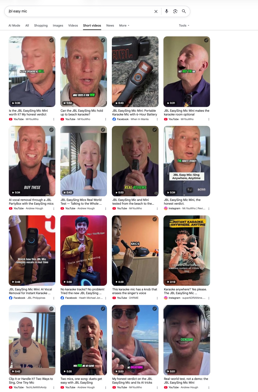 Google short-video results for JBL EasySing showing MrYouWho content across much of the visible grid